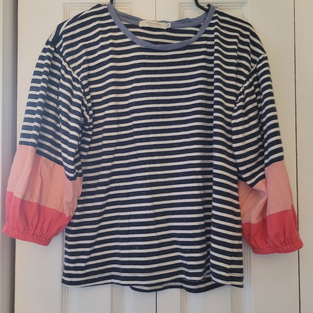Molo Navy Striped Shirt with Pink and Red Sleeves